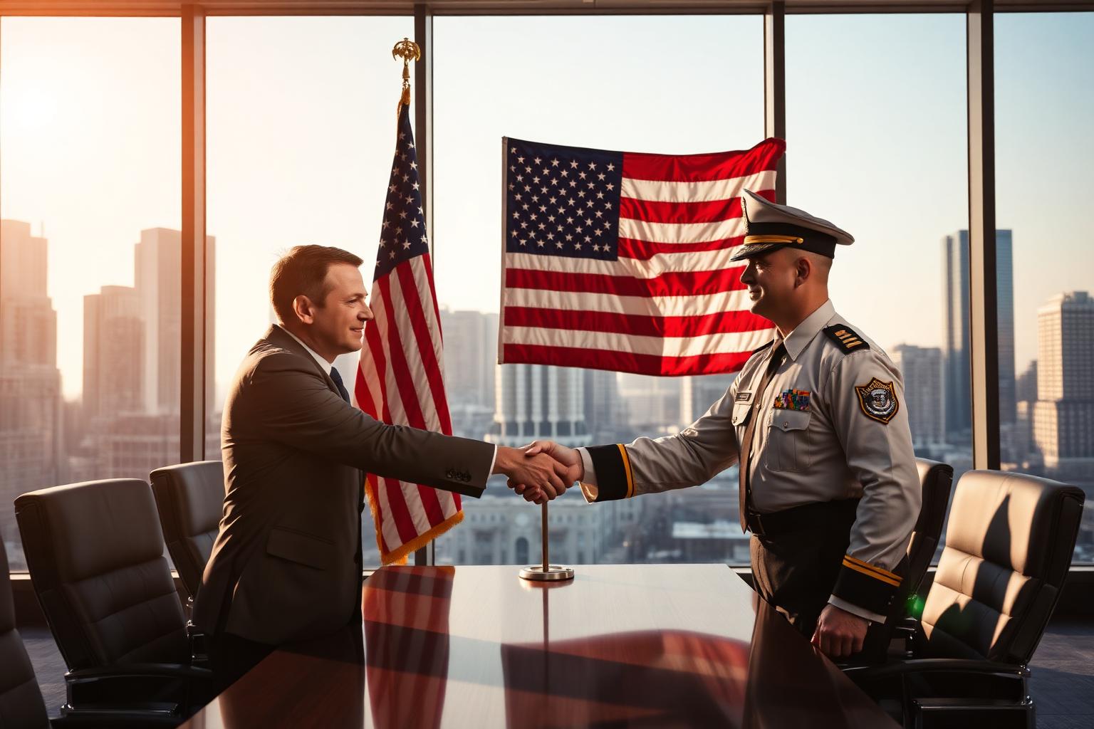 Corporate leaders and military executives in a strategy meeting