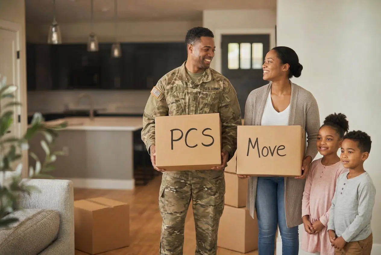 Military family carrying PCS moving boxes at their new home