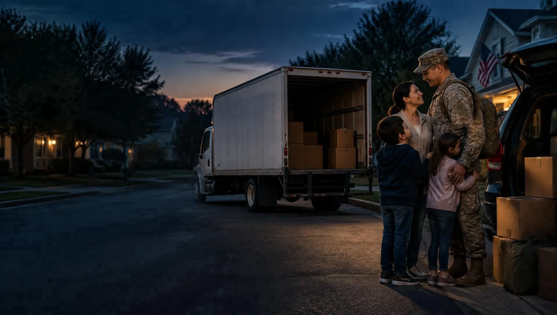 Military family outside their home beside a moving truck packed with boxes