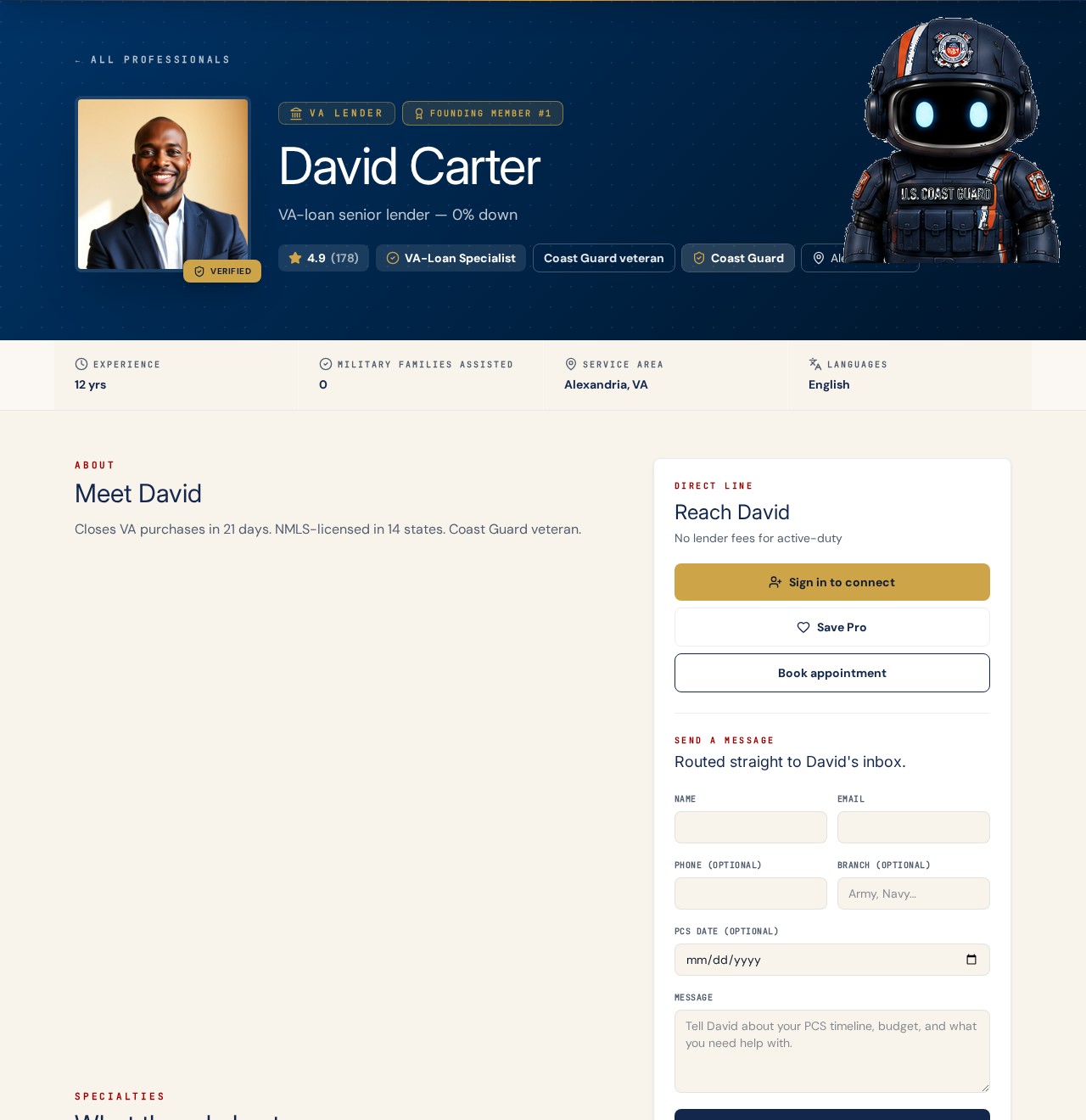 Example VA Loan Officer — David Carter profile page as families see it